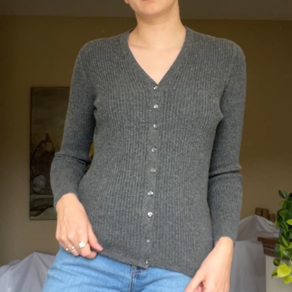 Dark gray rib-knit Bergdorf Goodman Collection cashmere cardigan